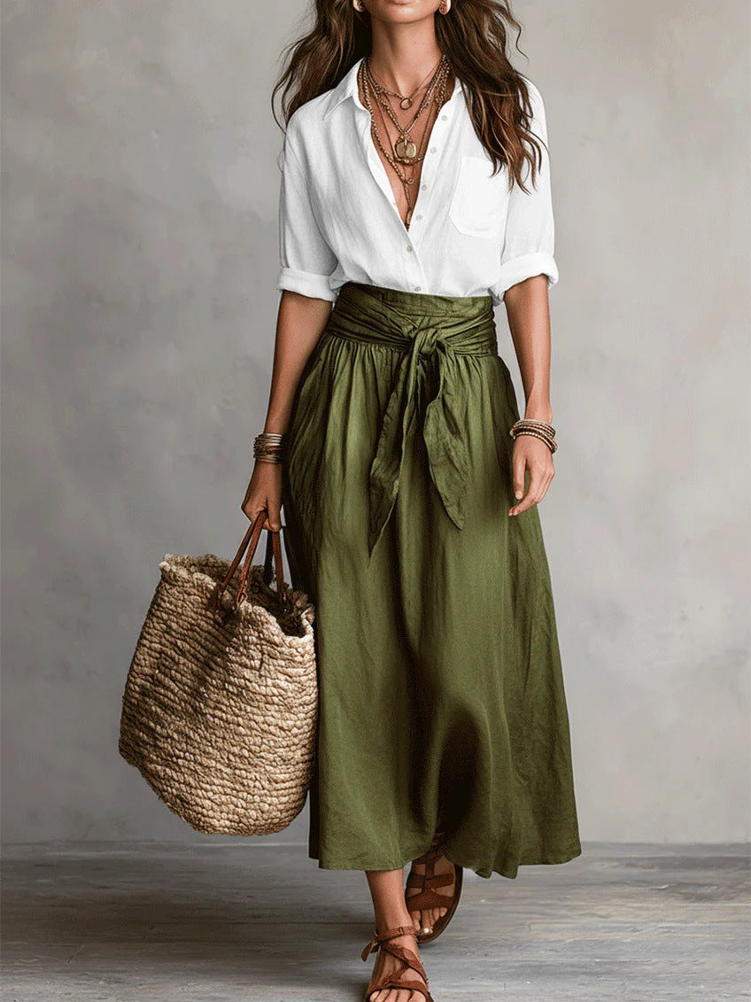 Ensemble co-ord Danoir Paris avec haut et jupe midi, tissu léger, style élégant et moderne, porté par un mannequin.