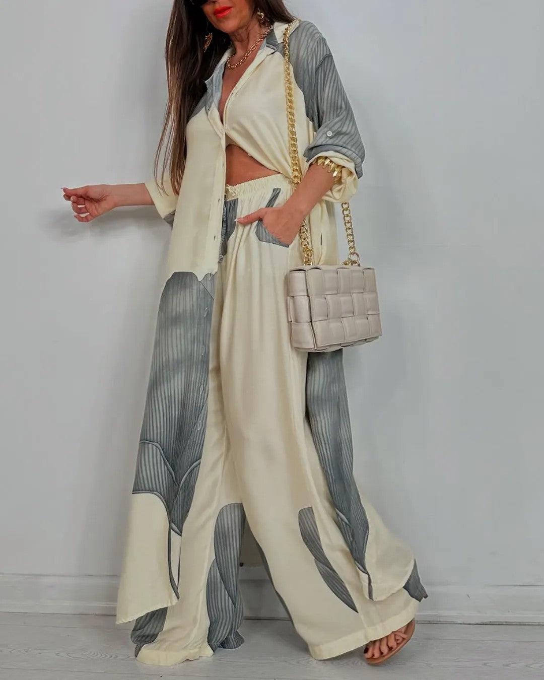 Ensemble assorti Hollis & June Danoir Paris avec haut patchwork à col V et pantalon, style décontracté et tendance.