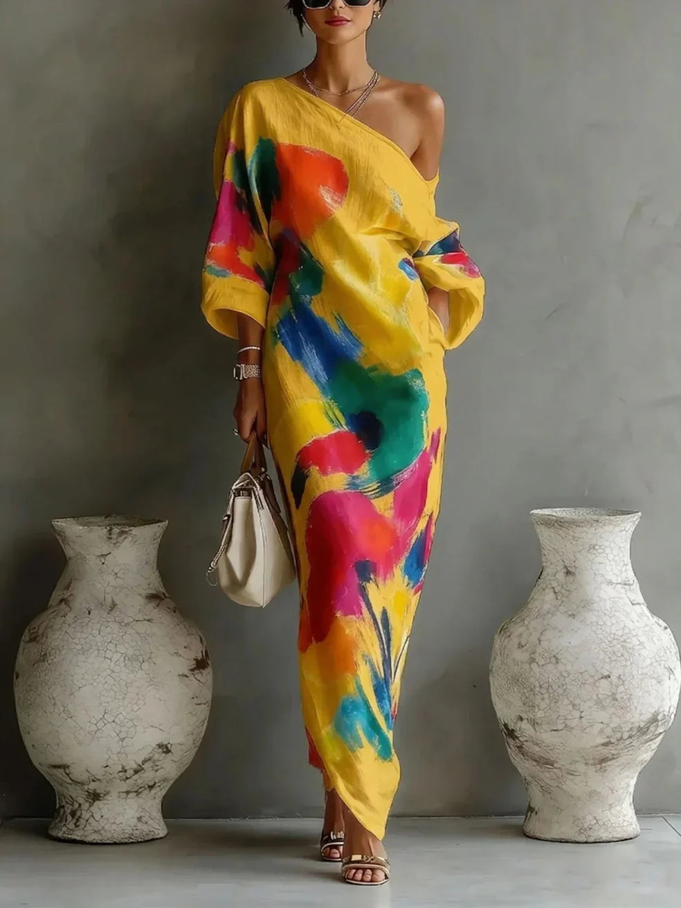 Robe longue THEA Danoir Paris, maxi robe élégante en tissu fluide, portée par un mannequin dans un décor lumineux.