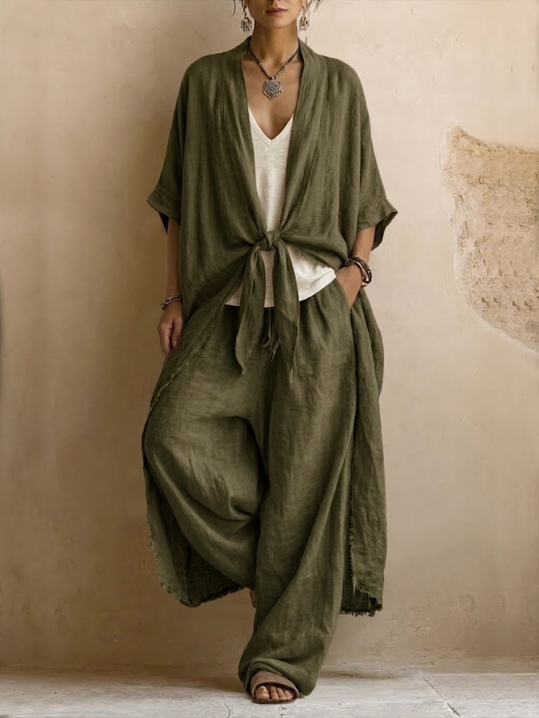 Ensemble deux pièces en lin oversize Kimono et pantalon large de Danoir Paris, vêtement élégant et confortable pour femme.