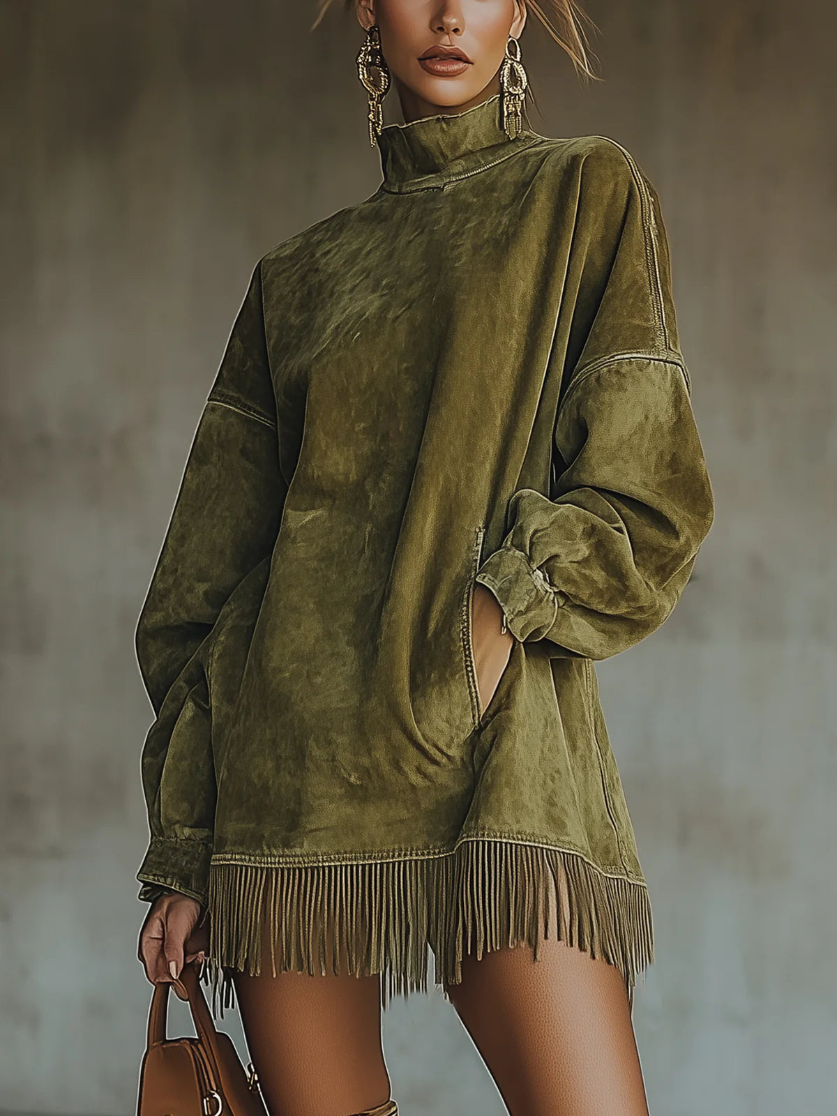 Robe en suédine olive de Danoir Paris avec col montant et franges, style élégant et tendance pour femmes.