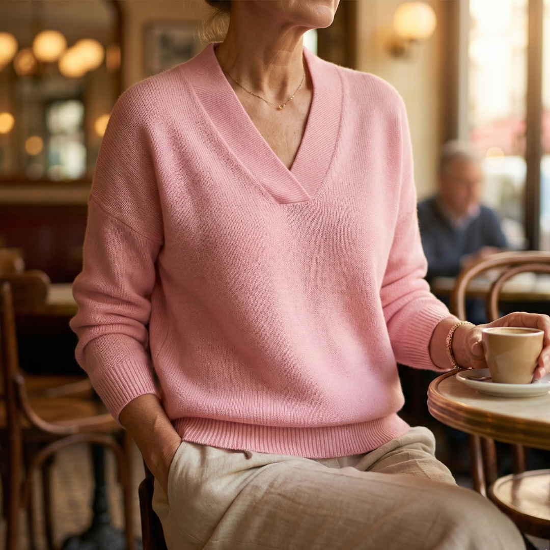 Pull à col V doux Danoir Paris, coupe décontractée, en tissu confortable, porté sur un mannequin dans une image claire.