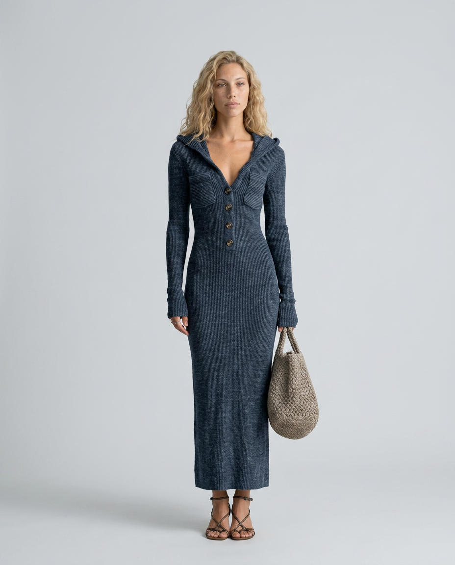 Robe maxi tricotée ajustée avec capuche Danoir Paris, avec détails en coton et style confortable, vue de face.