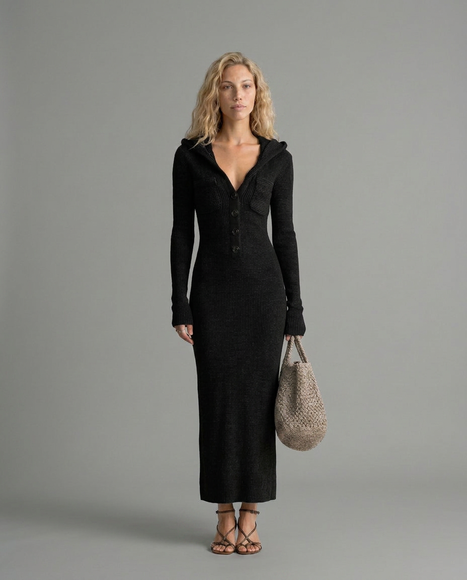 Robe maxi tricotée ajustée avec capuche Danoir Paris, vêtement chaud et confortable pour femmes élégantes.