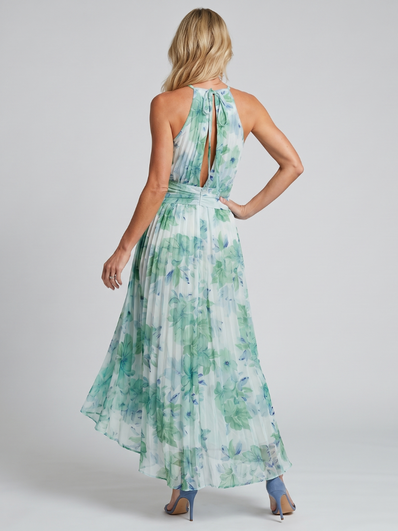 Portia | Robe longue plissée à col montant et motif floral doux