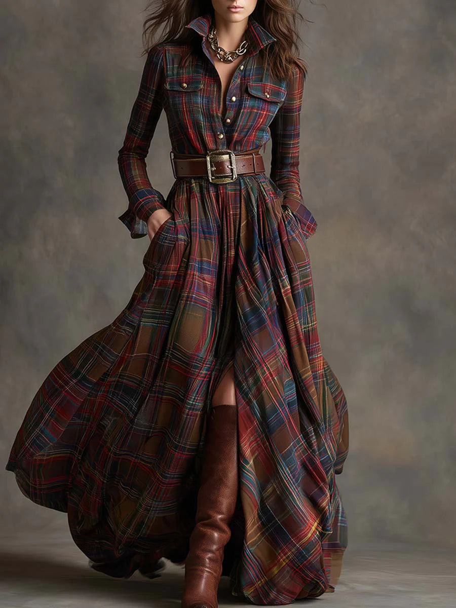 Robe longue à carreaux rouge et marron Danoir Paris, style rétro ethnique avec col en V et ceinture.