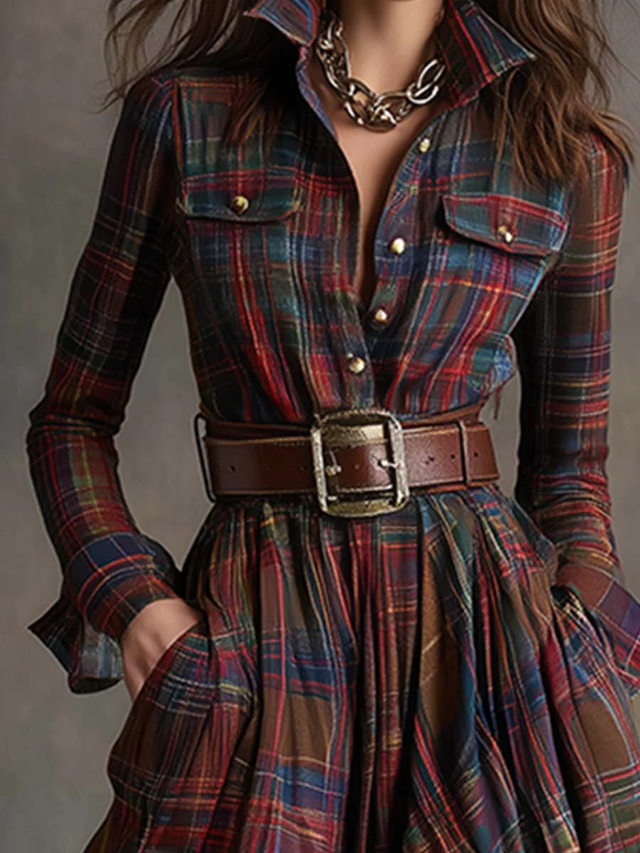 Robe longue à carreaux rouge-brun Danoir Paris, style rétro ethnique avec col et ceinture, vêtement élégant et confortable.