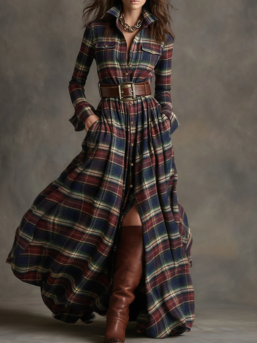 Giovanna | Robe longue à carreaux rétro et taille marquée