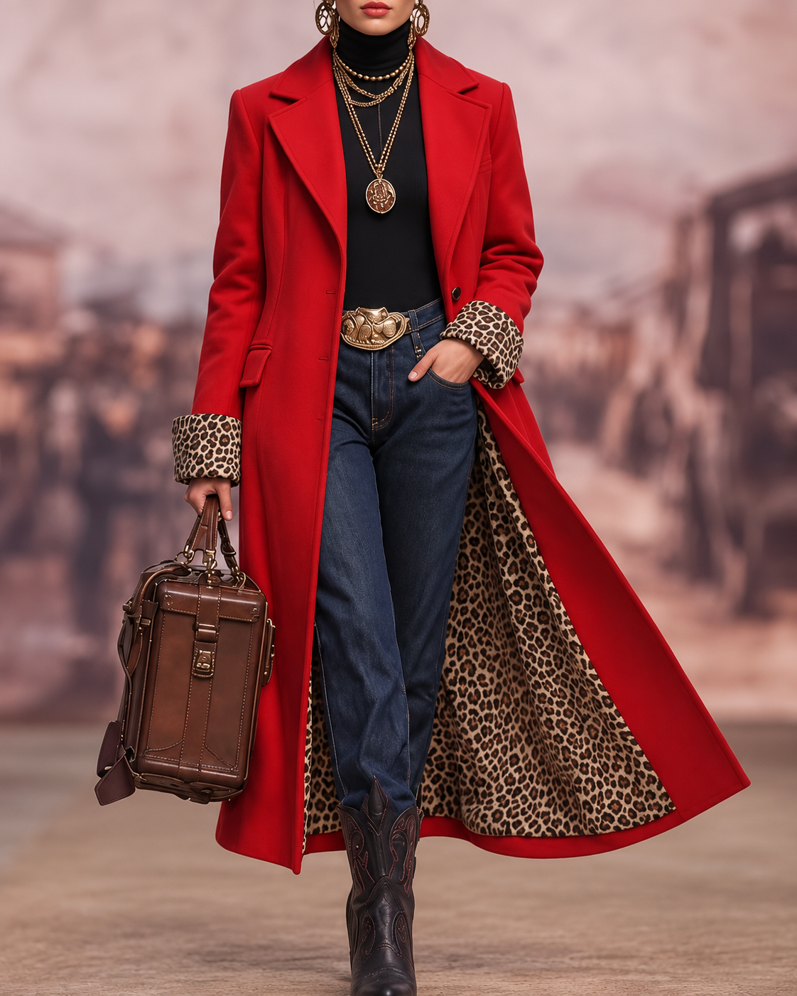 Manteau long élégant Madison de Danoir Paris, fait main, couleur rose, porté dans une rue urbaine.