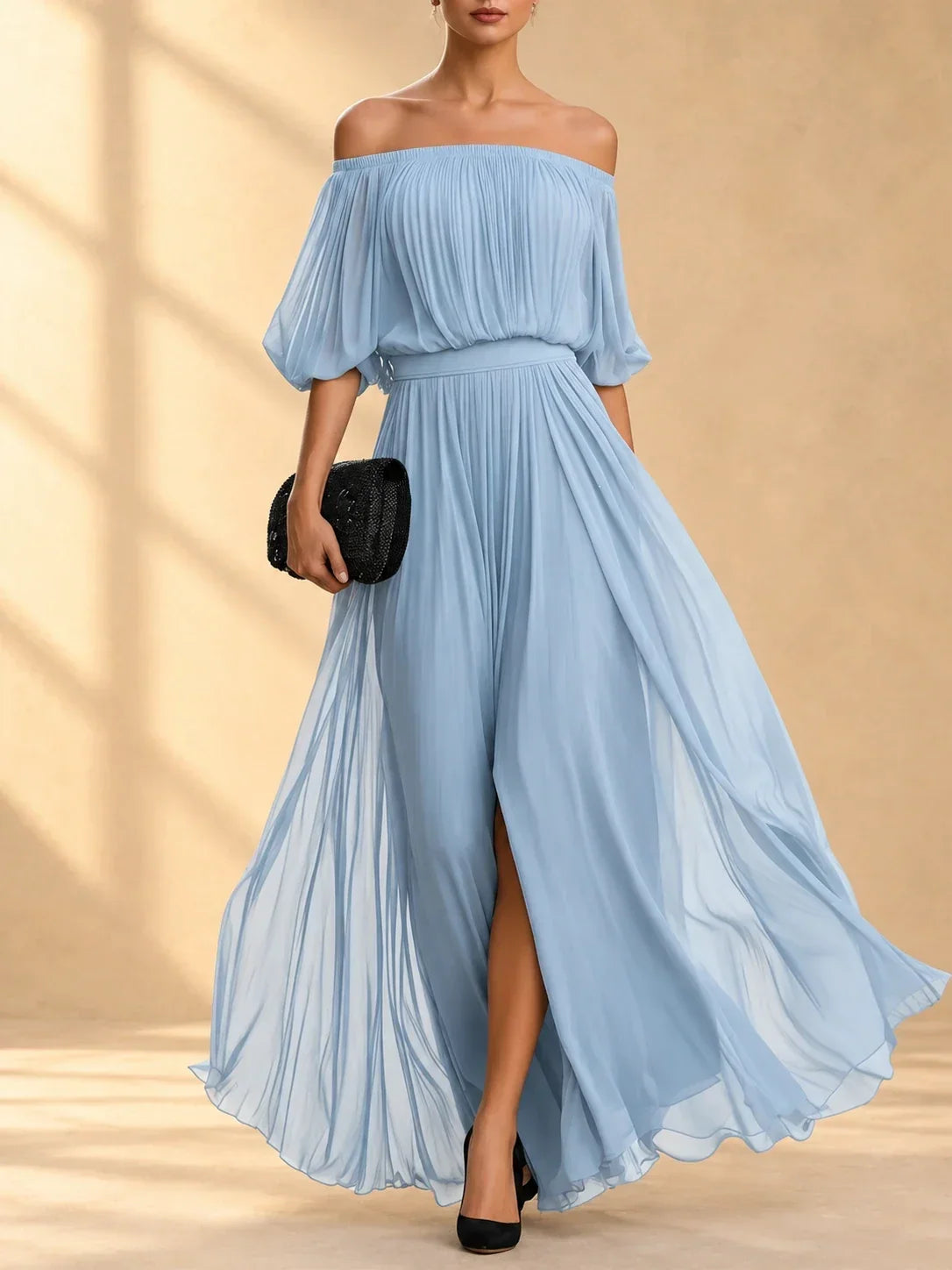 Robe maxi en chiffon Geneviève Danoir Paris, épaules dénudées, jupe fluide élégante, parfaite pour une occasion spéciale.