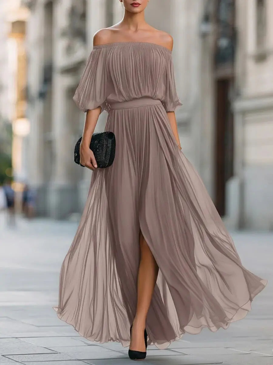 Robe maxi en chiffon à épaules dénudées de Danoir Paris, jupe fluide et élégante, vue de face.