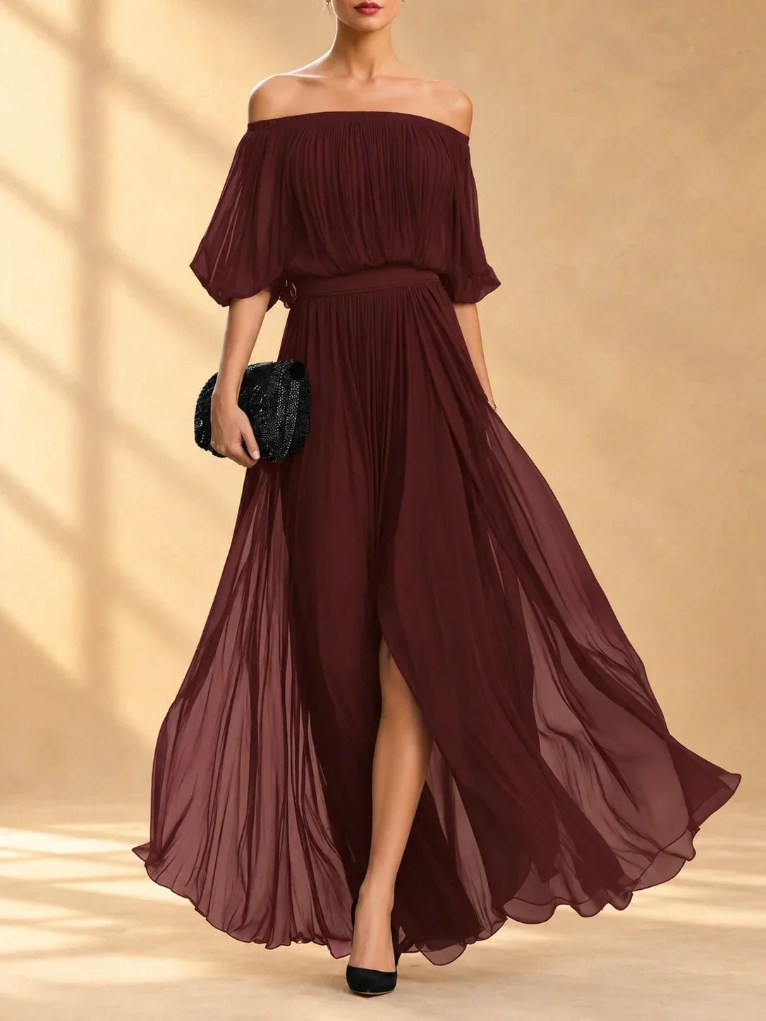 Robe maxi en chiffon Geneviève Danoir Paris avec épaules dénudées et jupe fluide, élégante et légère.