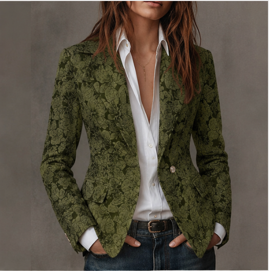 Blazer long à manches longues Danoir Paris Estelle en jacquard cachemire ajusté, motif élégant et sophistiqué.