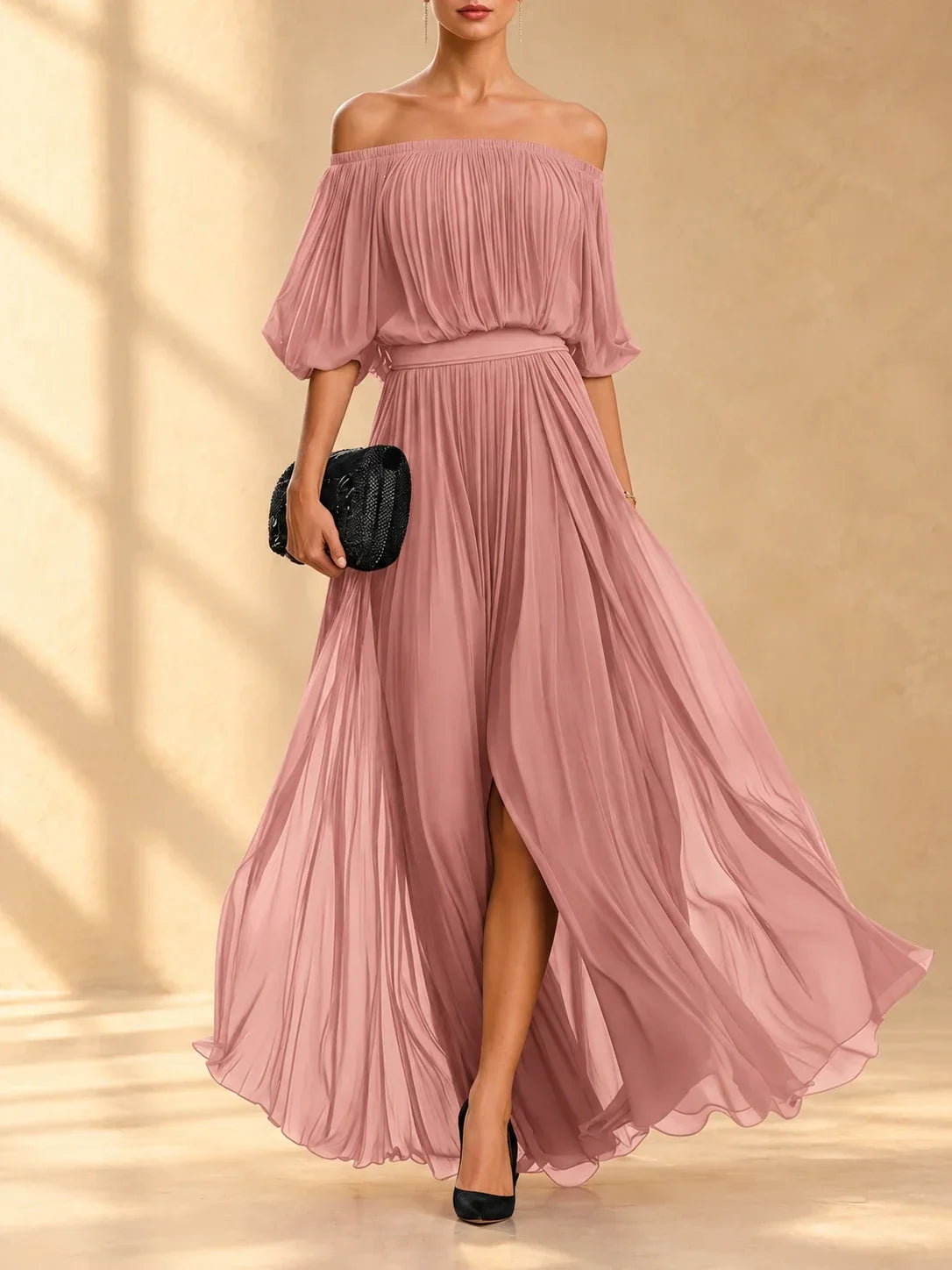 Robe maxi en chiffon Geneviève de Danoir Paris, épaules dénudées, jupe fluide, élégante et légère, vue de face.