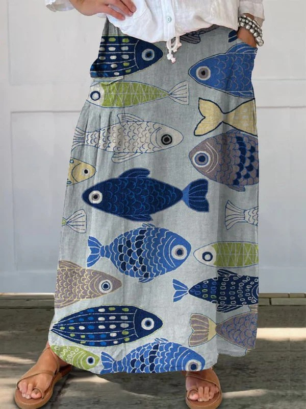 Trisia™ | Jupe à poches imprimé poisson vintage "Lovely Fish"