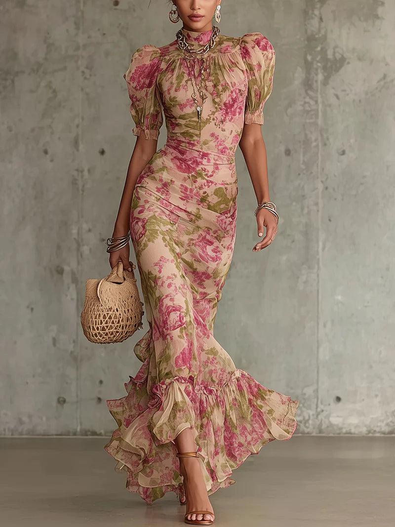 Fiora | Robe longue imprimée de roses vintage avec manches bouffantes