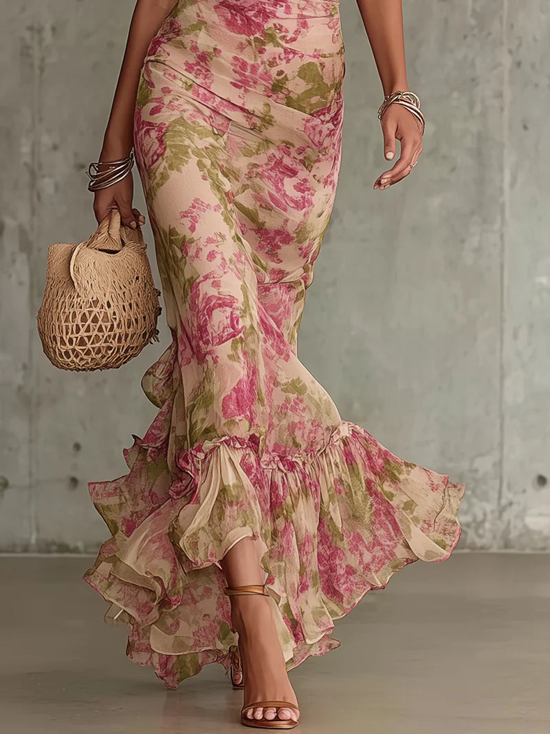 Fiora | Robe longue imprimée de roses vintage avec manches bouffantes