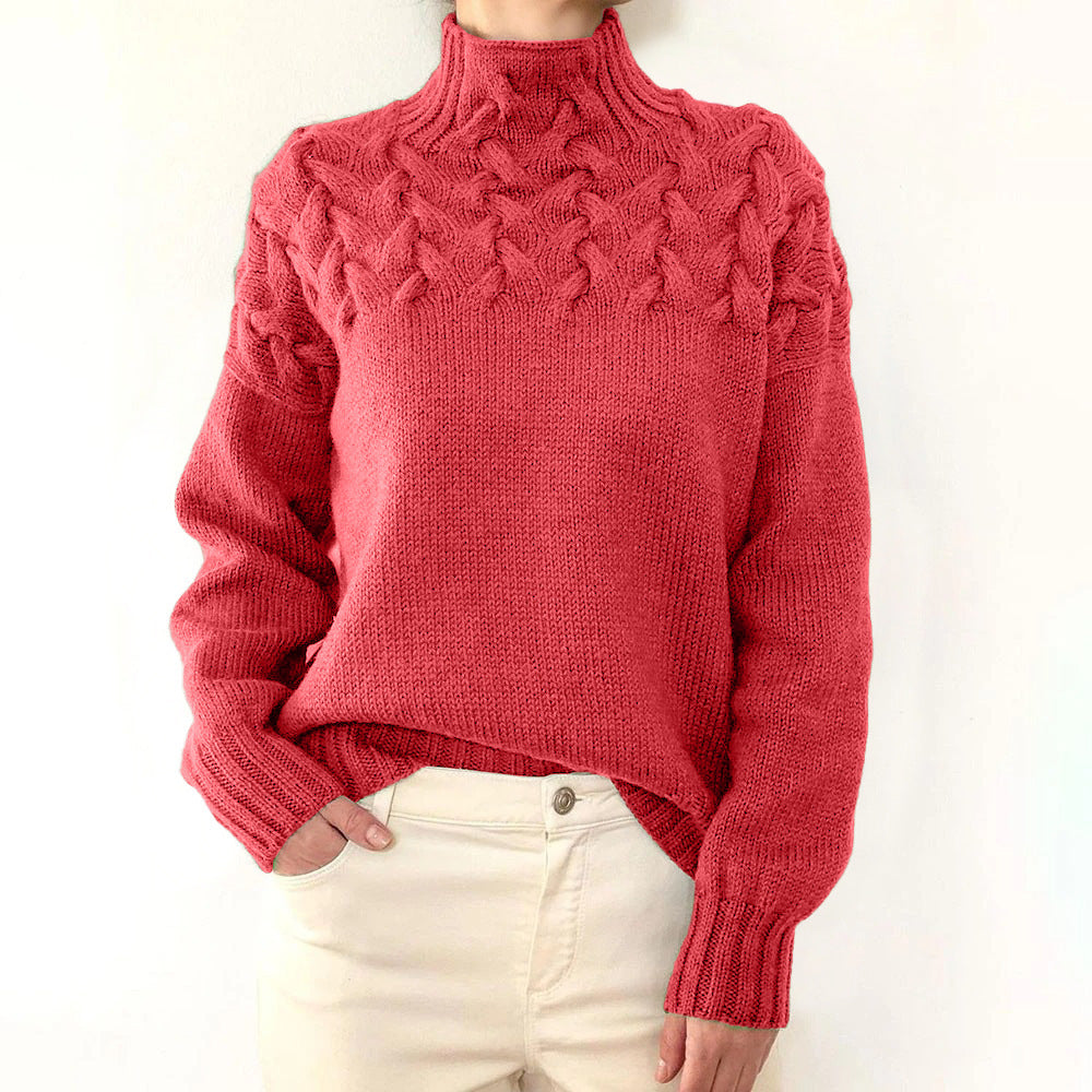 Pull col roulé chaud pour femme Elena de Danoir Paris, vêtement en maille rose pastèque avec texture douce.