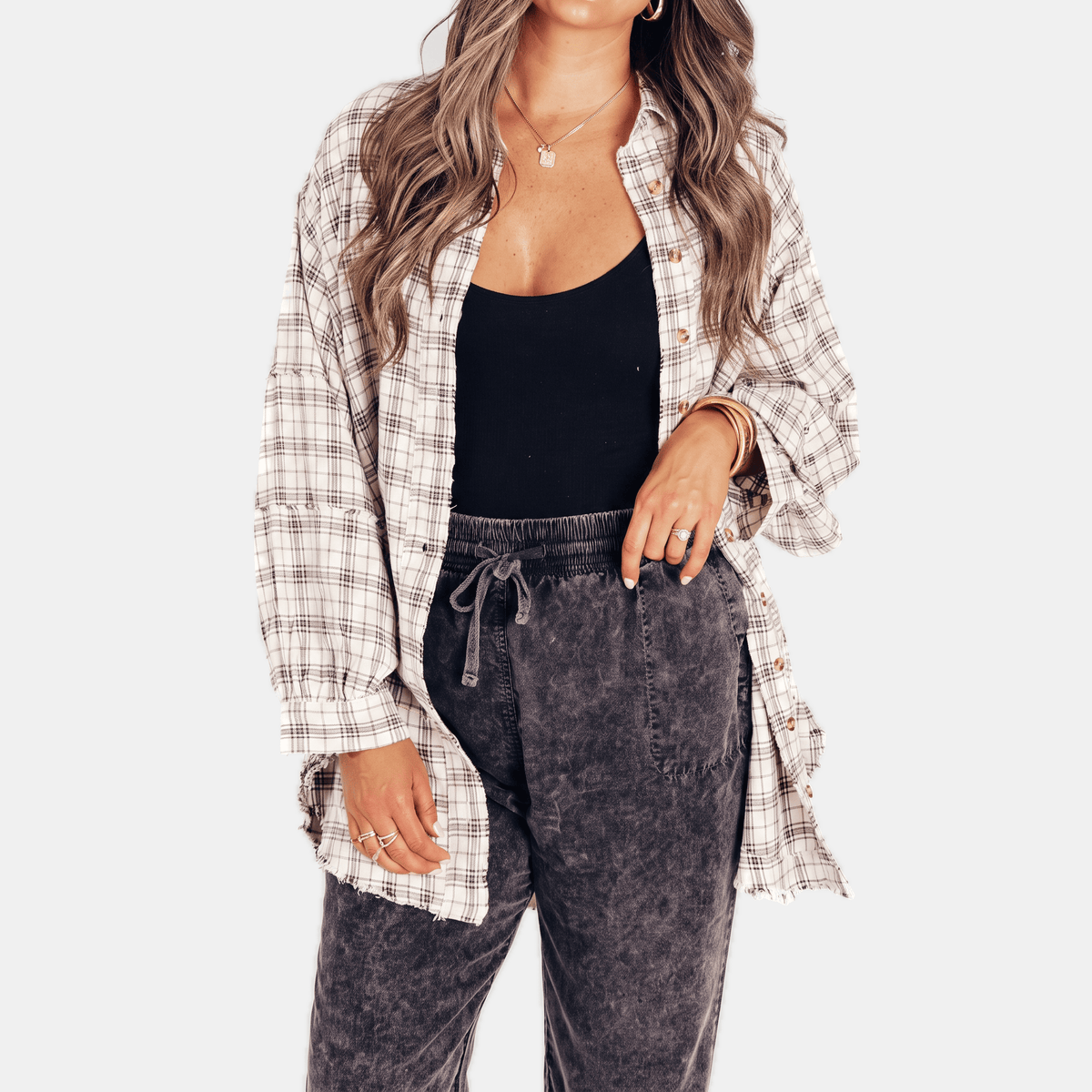 Chemise en flanelle à ourlet brut pour femmes, blouse longue à coupe oversize