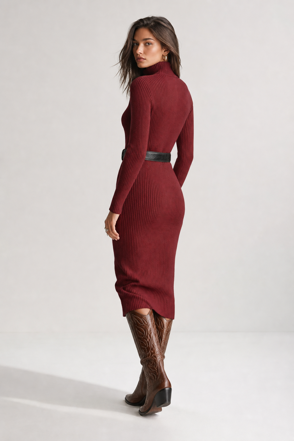 Imogen | Robe midi en tricot côtelé pour femmes avec col zippé et ceinture