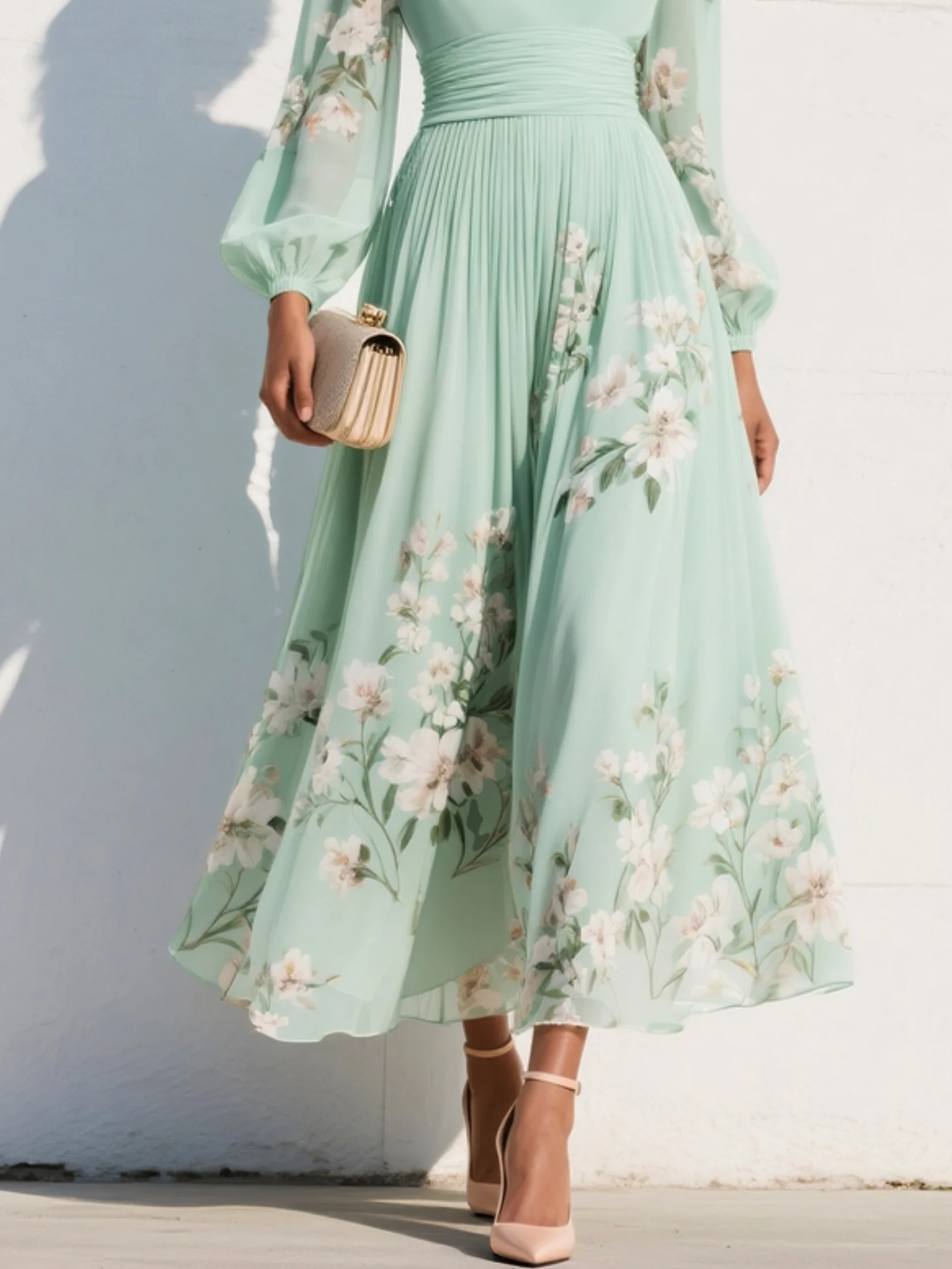 Robe Midi Plissée en Mousseline à Col V Fleurie Vert Clair
