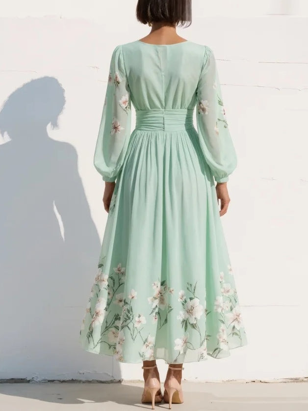 Robe Midi Plissée en Mousseline à Col V Fleurie Vert Clair