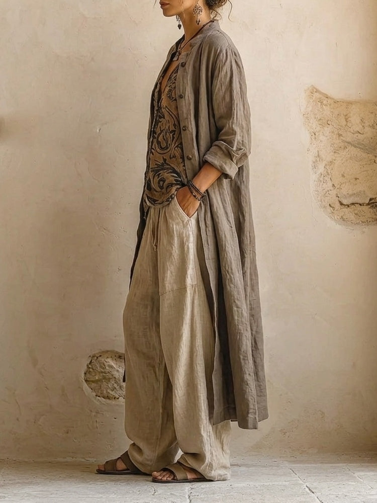 Ensemble coordonné en lin mélangé Florence de Danoir Paris, pantalon et haut assortis en tissu léger et fluide, couleur beige.