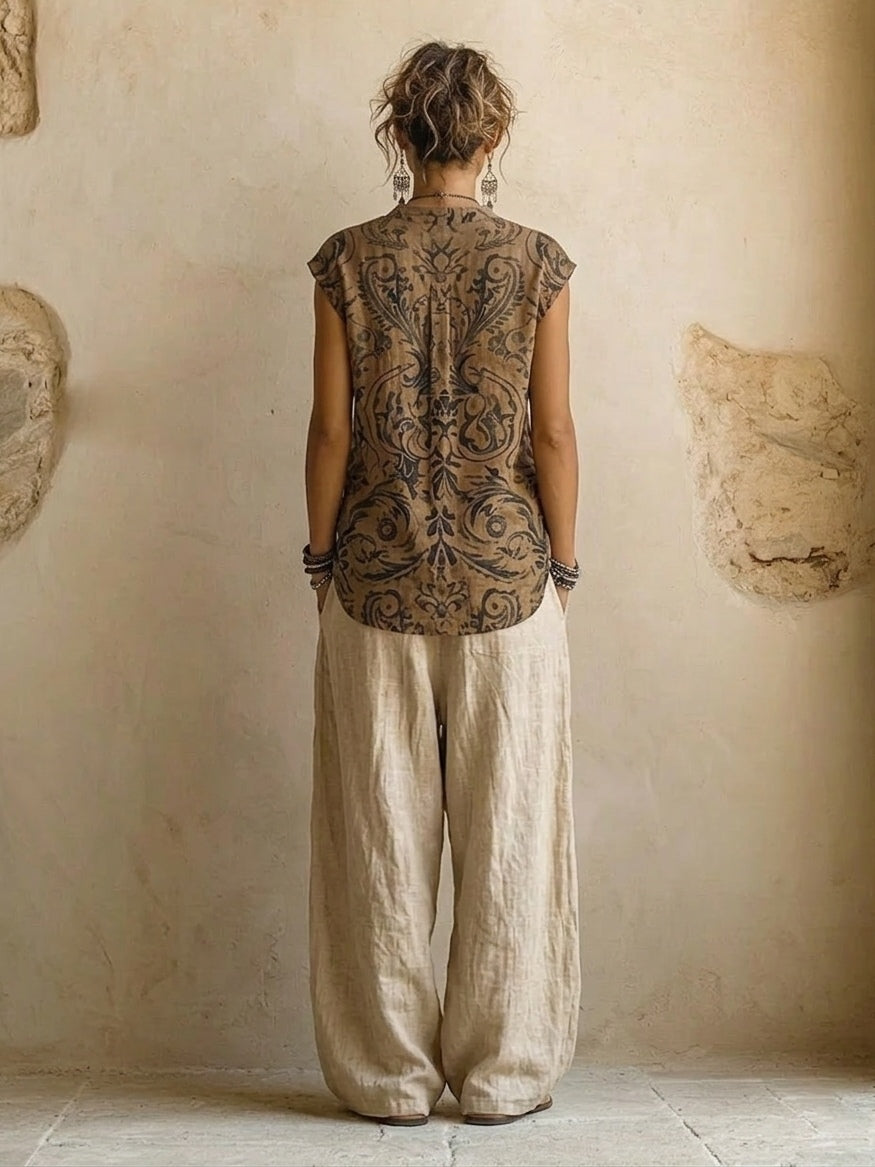 Ensemble coordonné en lin mélangé Florence de Danoir Paris, chemise et pantalon assortis, tissu léger et élégant.