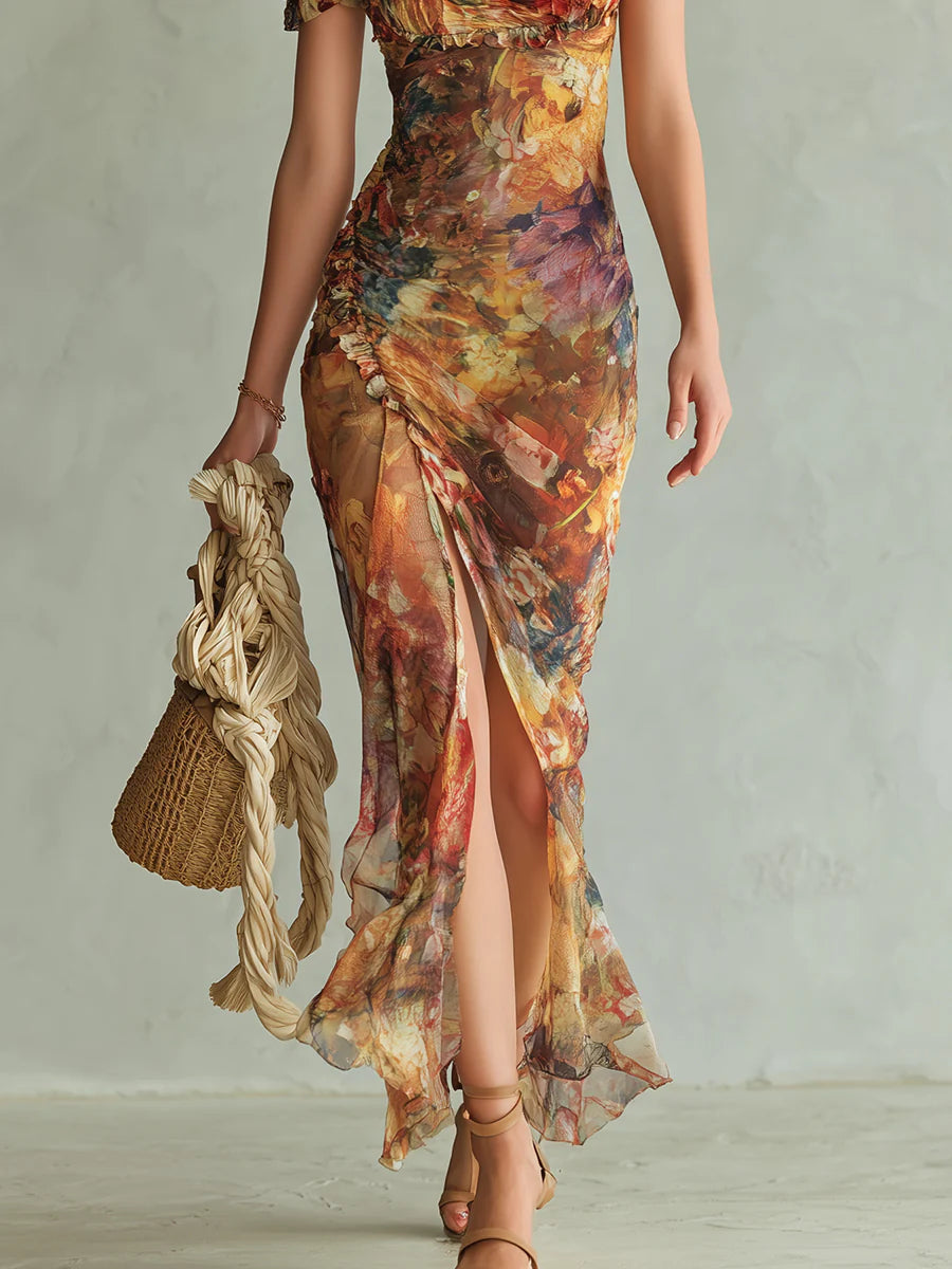 Viola | Robe longue imprimée peinture à l'huile de style bohème