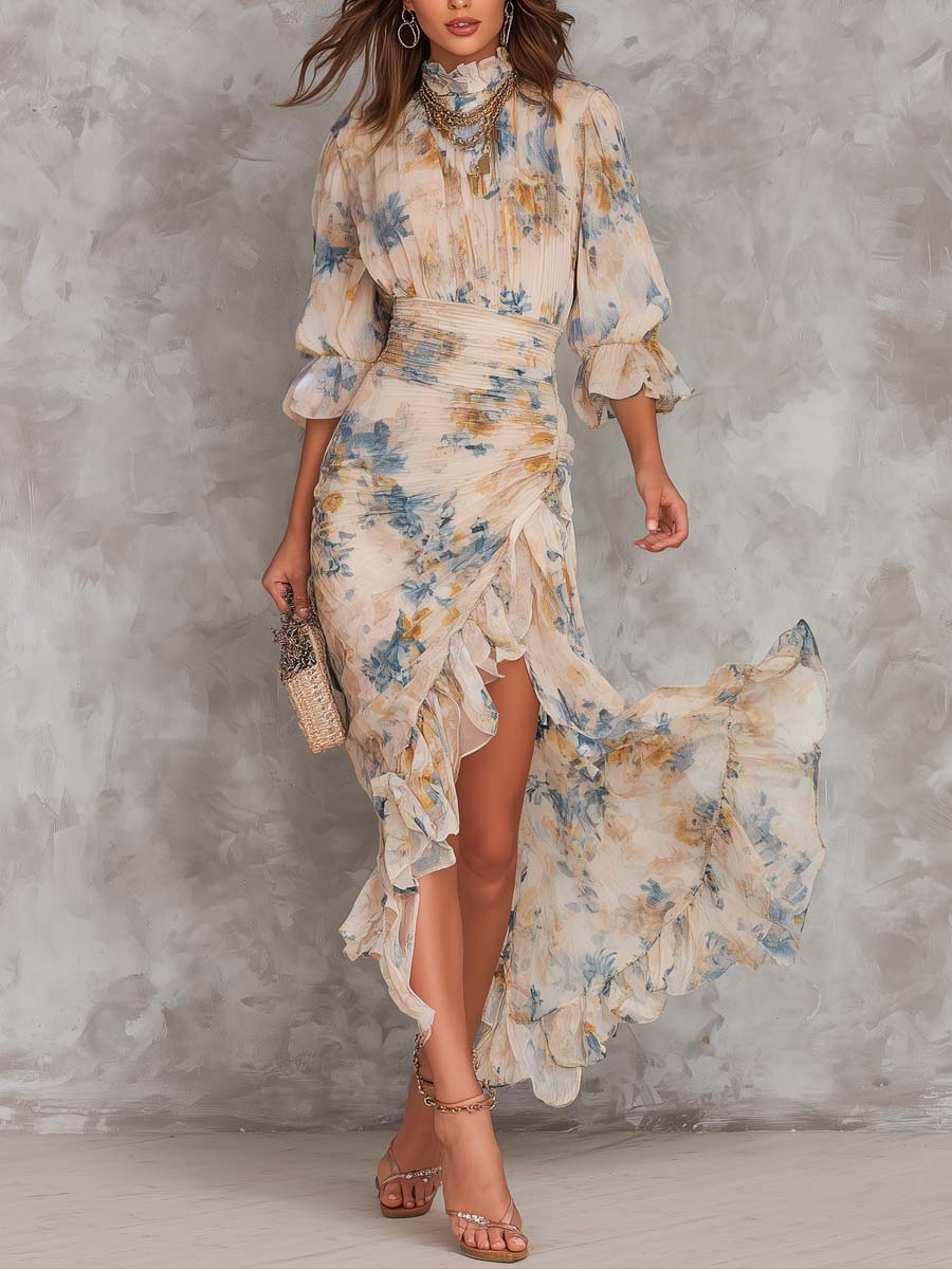 Robe longue en mousseline irrégulière à imprimé floral peinture à l'huile col roulé beige