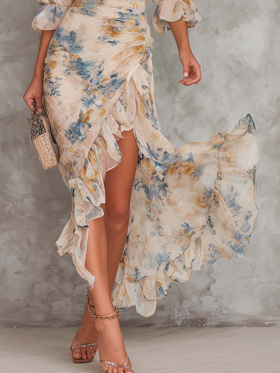 Robe longue en mousseline irrégulière à imprimé floral peinture à l'huile col roulé beige
