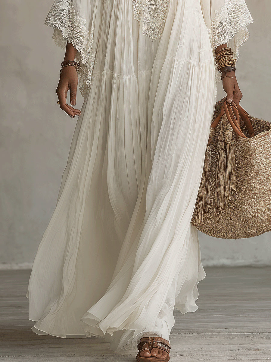 Celeste | Robe longue en chiffon ivoire et dentelle