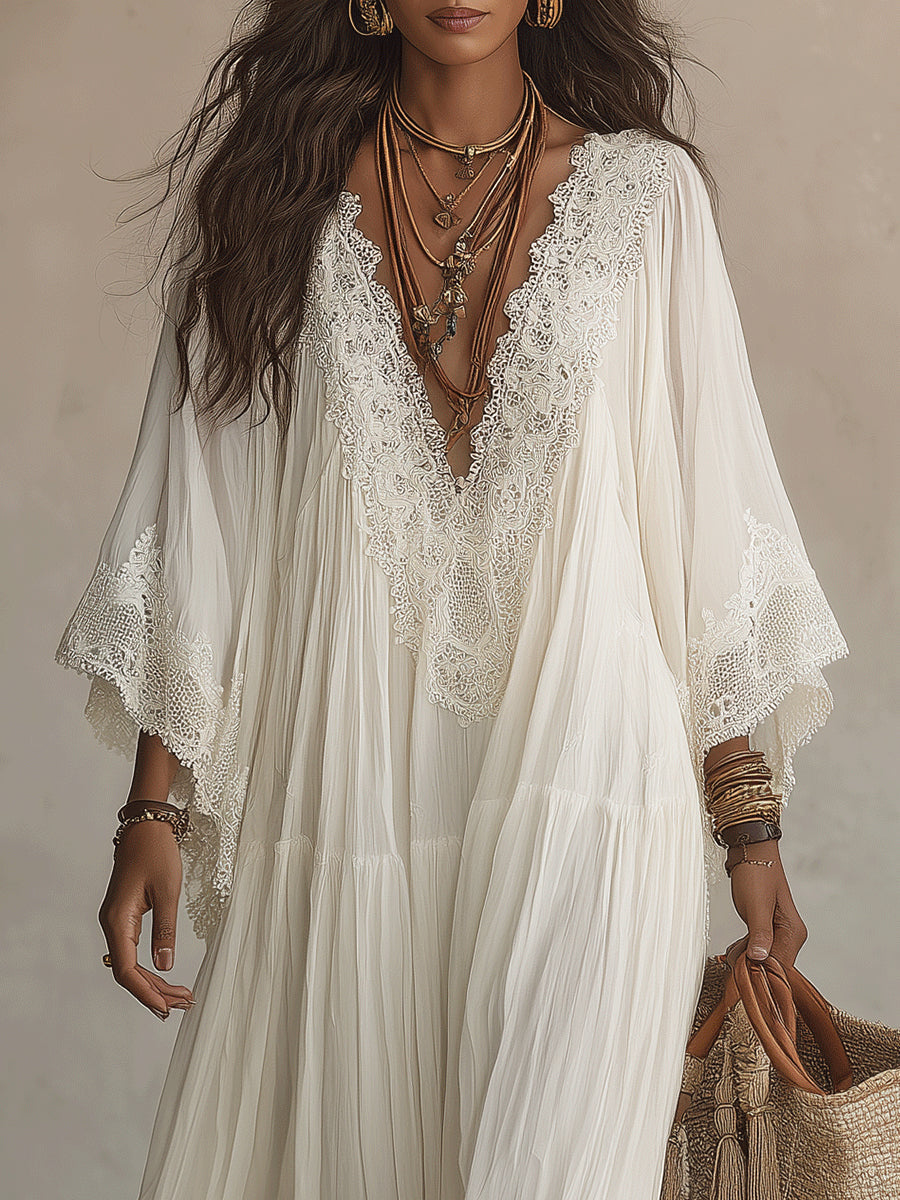 Celeste | Robe longue en chiffon ivoire et dentelle