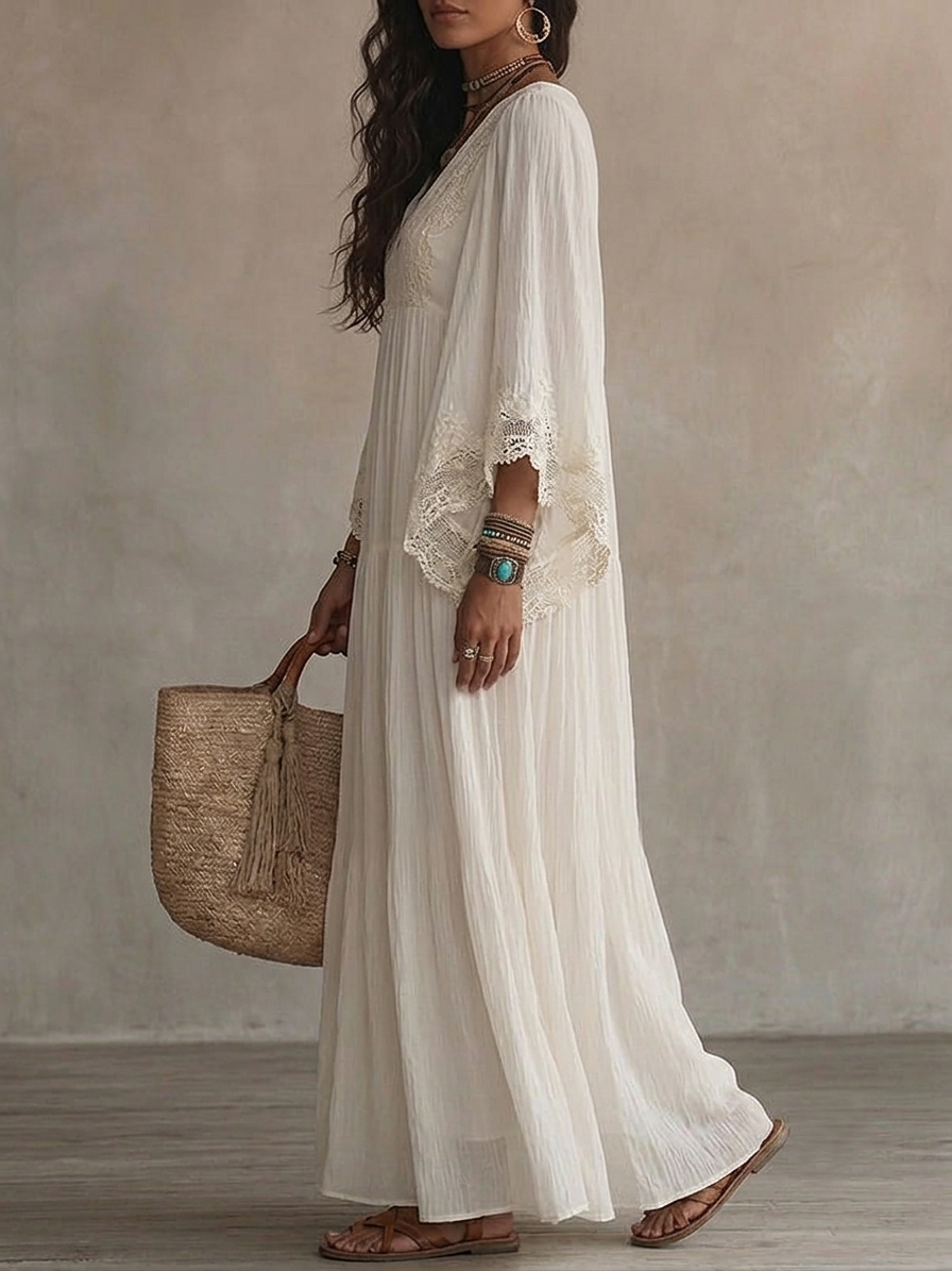 Celeste | Robe longue en chiffon ivoire et dentelle