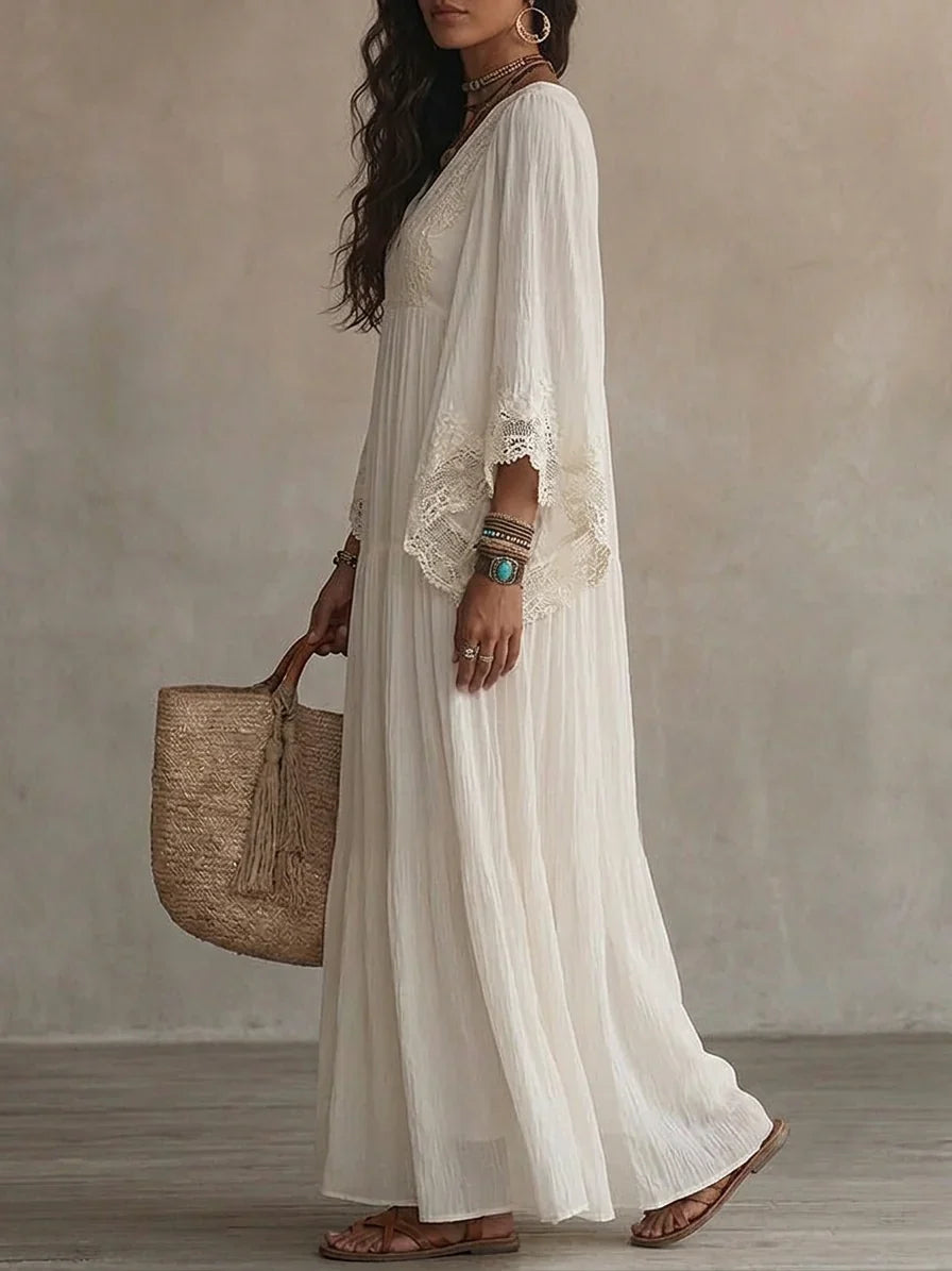 Celeste | Robe longue en chiffon ivoire et dentelle