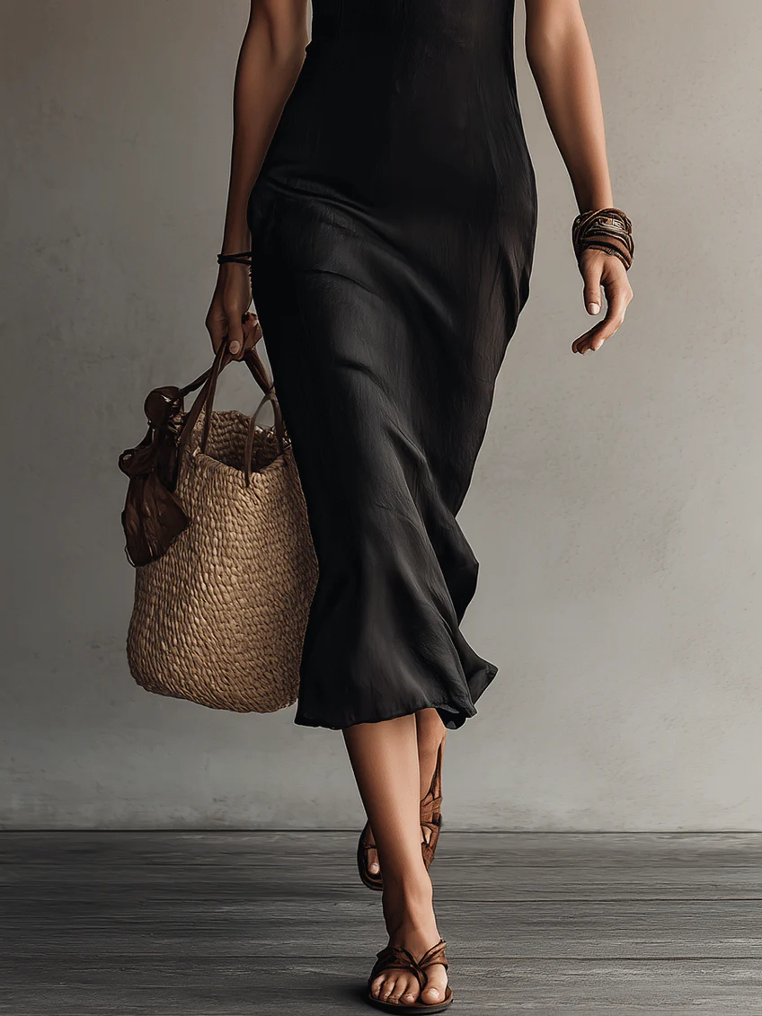 Robe midi noire sans manches Adriana de Danoir Paris avec décolleté en V et bords en dentelle, vue de face.