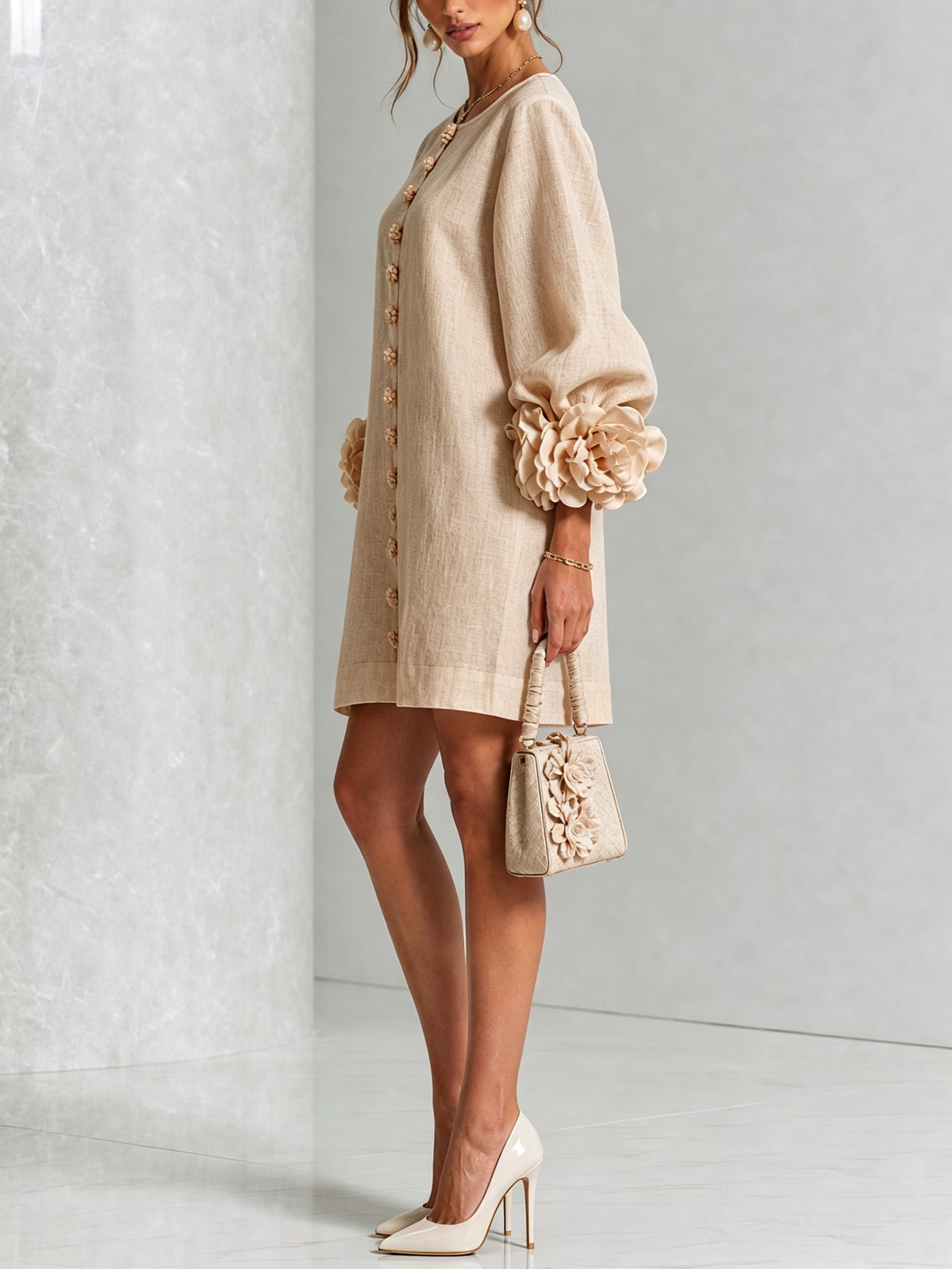 Ambre | Robe Mini en Mélange Lin à Poignets Rose, Beige