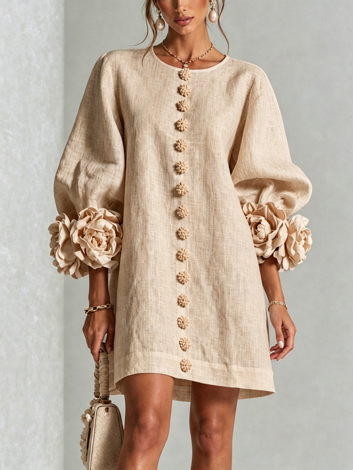 Ambre | Robe Mini en Mélange Lin à Poignets Rose, Beige