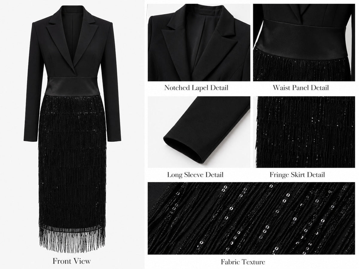 Robe midi blazer à franges Loredana de Danoir Paris, vue de face avec détails de franges élégantes et coupe moderne.