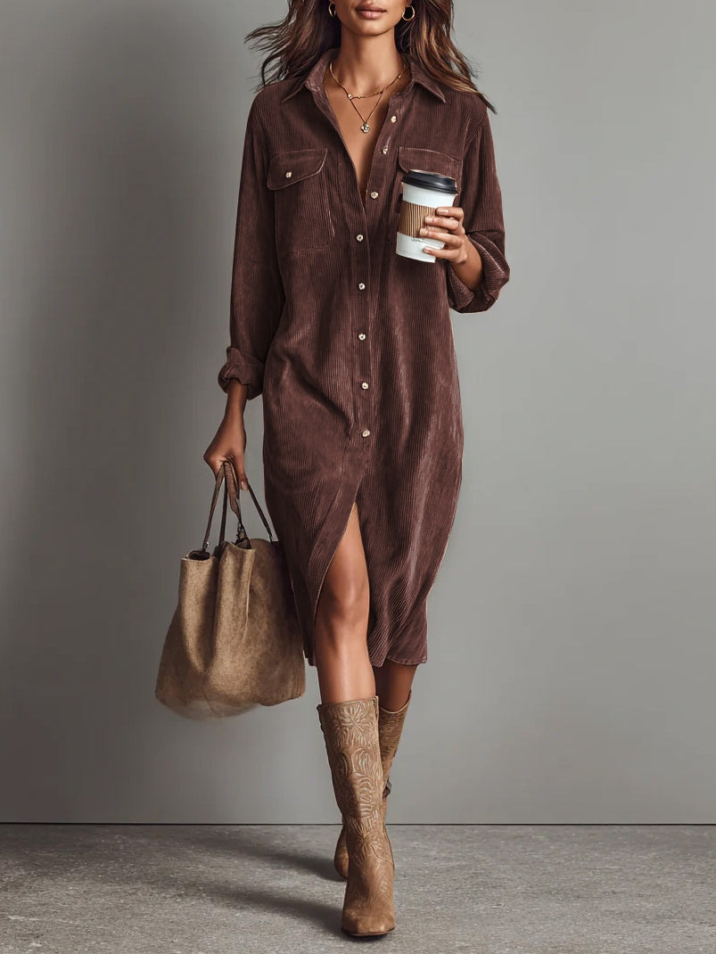 Robe midi en velours côtelé marron rouge Danoir Paris, avec poches et bouton unique, style décontracté et élégant.