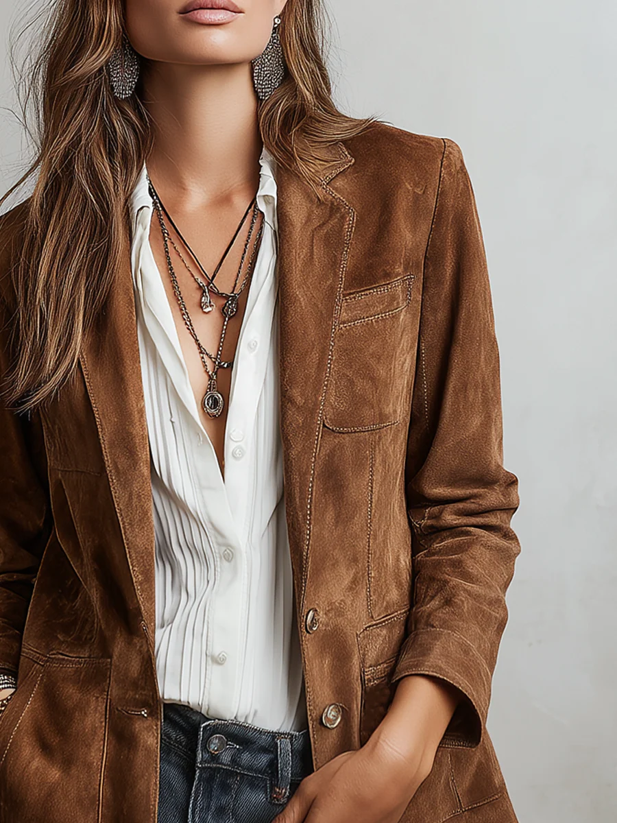 Veste blazer vintage marron Danoir Paris, style élégant, en tissu léger, portée avec manches longues et col classique.