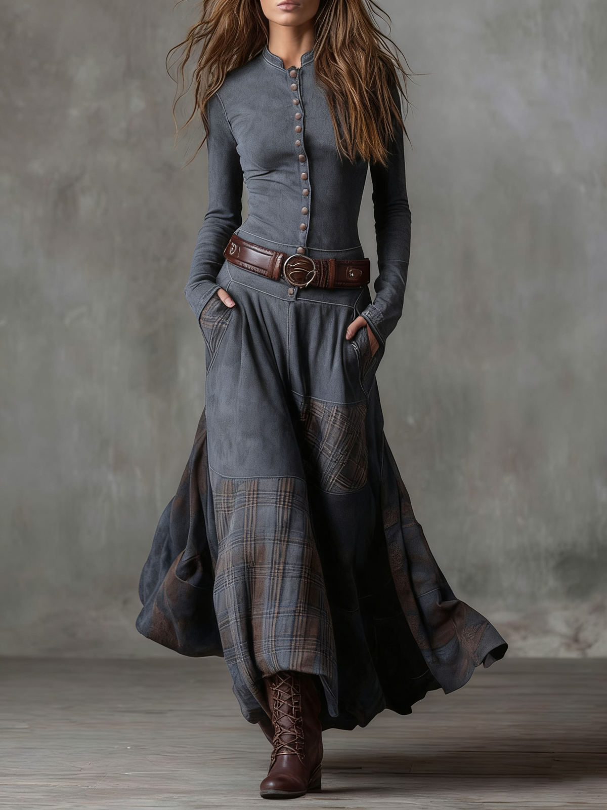 Robe maxi en suédine Élise de Danoir Paris avec ceinture, longueur longue et coupe élégante, couleur beige.
