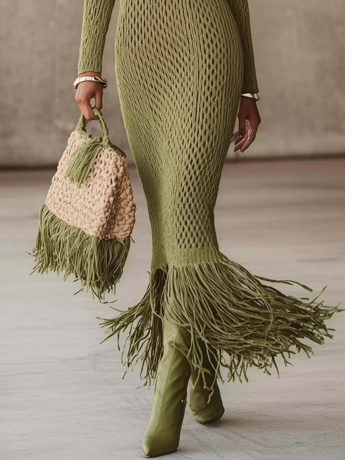 Robe Maxi Bodycon à Hem Frangé en Tricot Vert Olive - Expédition en 24 Heures