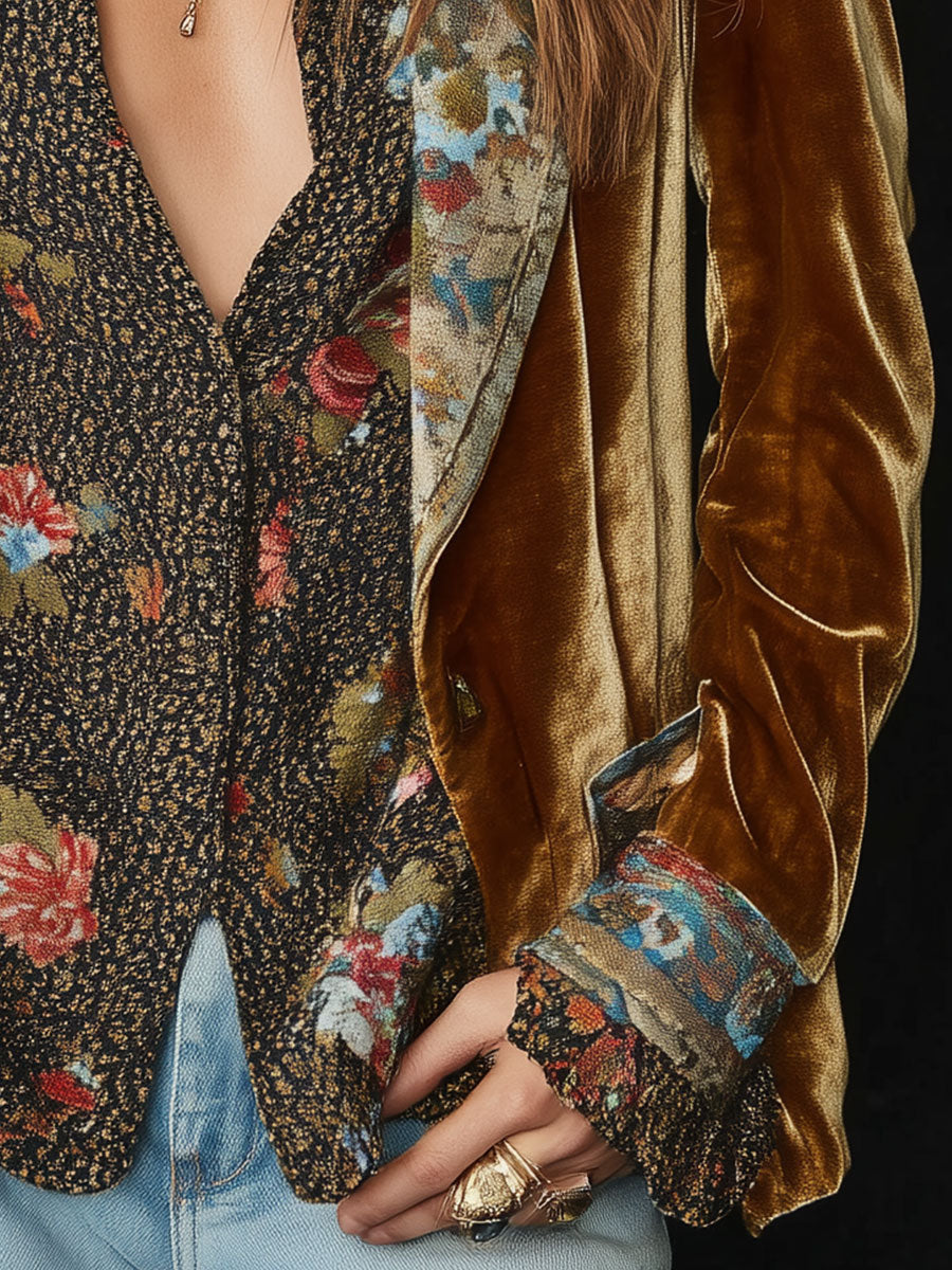 Blazer patchwork imprimé fleuri vintage Danoir Paris, élégante veste en tissu coloré avec motifs floraux.