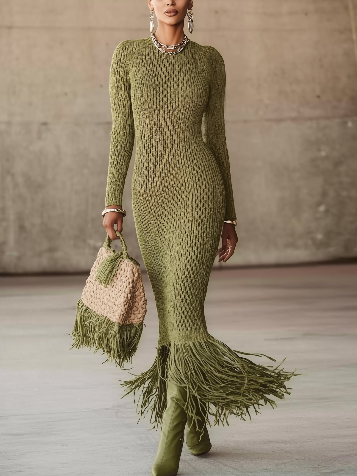 Robe Maxi Bodycon à Hem Frangé en Tricot Vert Olive - Expédition en 24 Heures