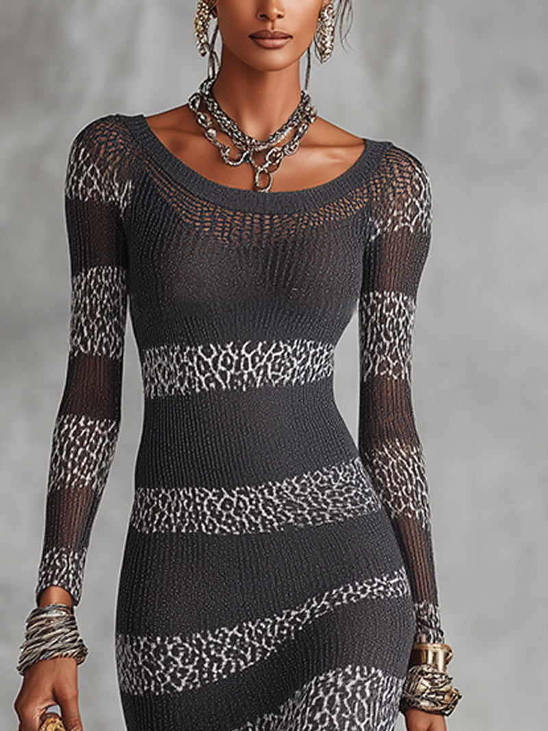 Robe Bodycon Tricotée Grise et Blanche avec Détails Rayés Léopard - Expédition en 24 Heures