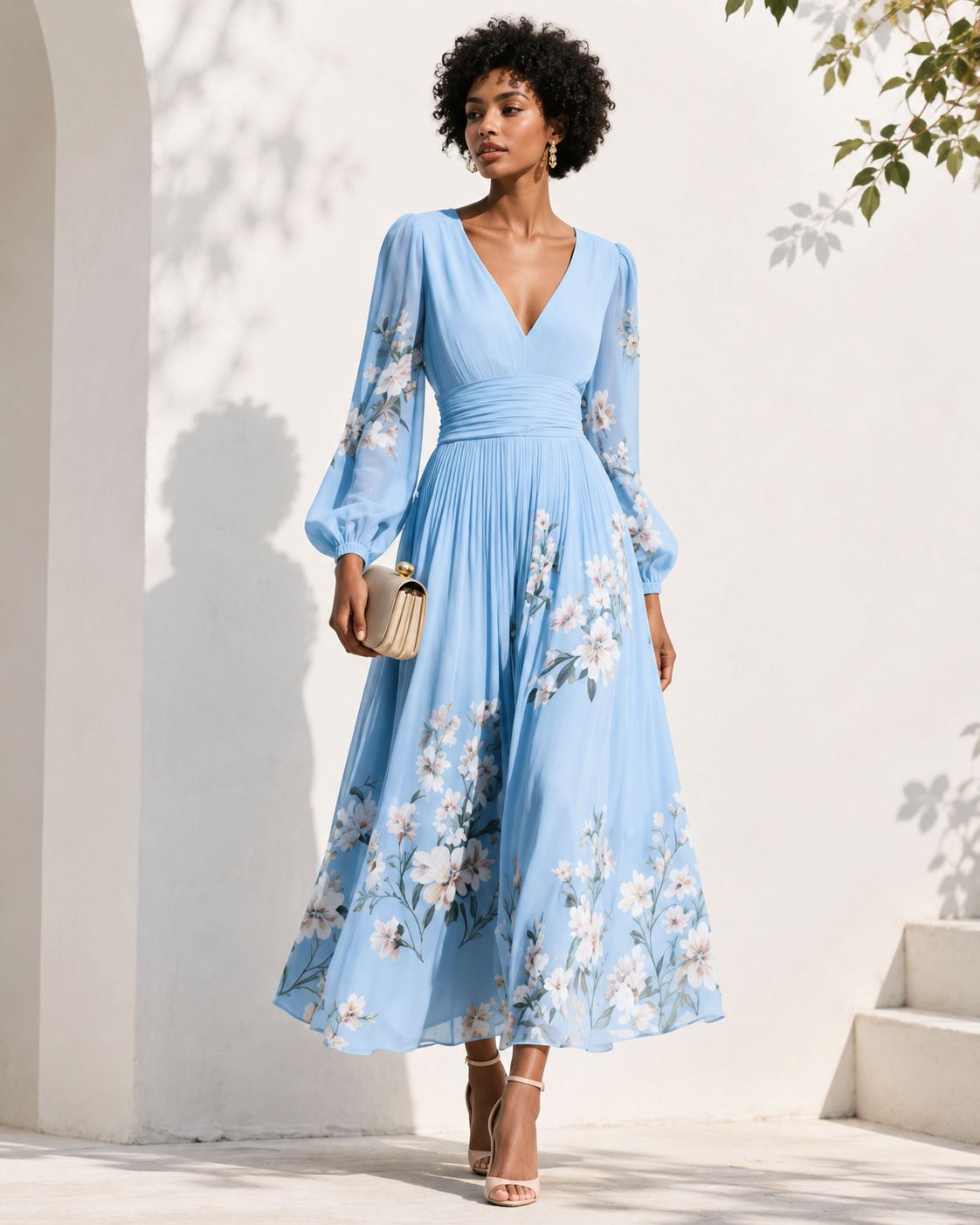 Robe longue élégante pour femme Danoir Paris avec décolleté en V profond et manches longues, tissu fluide et sophistiqué.
