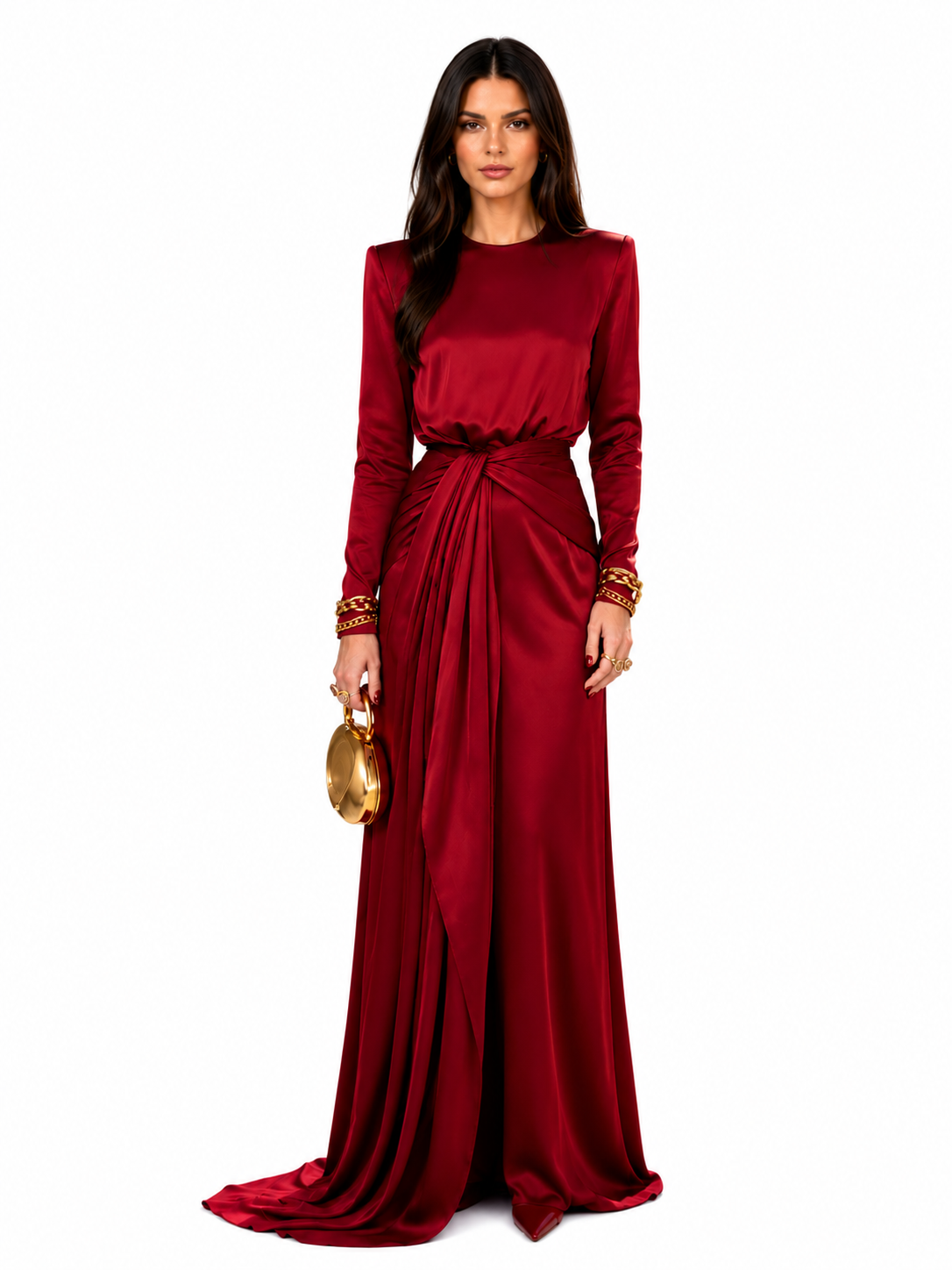 Robe longue en satin drapé Cassandra pour femme, de la marque Danoir Paris, avec un design élégant et fluide.
