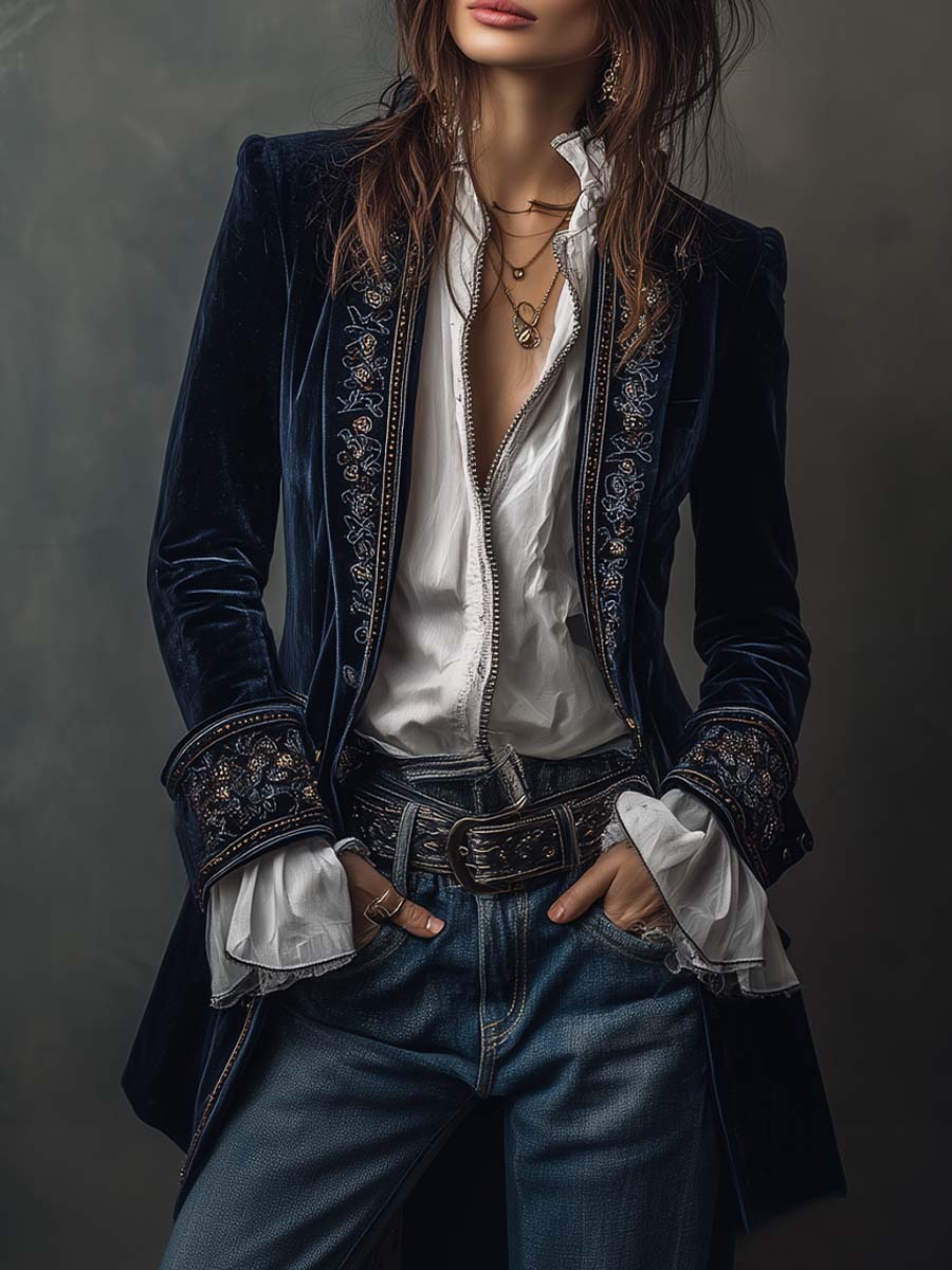 Veste longue brodée vintage bleu marine Athénaïs Danoir Paris, blazer élégant avec détails brodés visibles sur l'image.