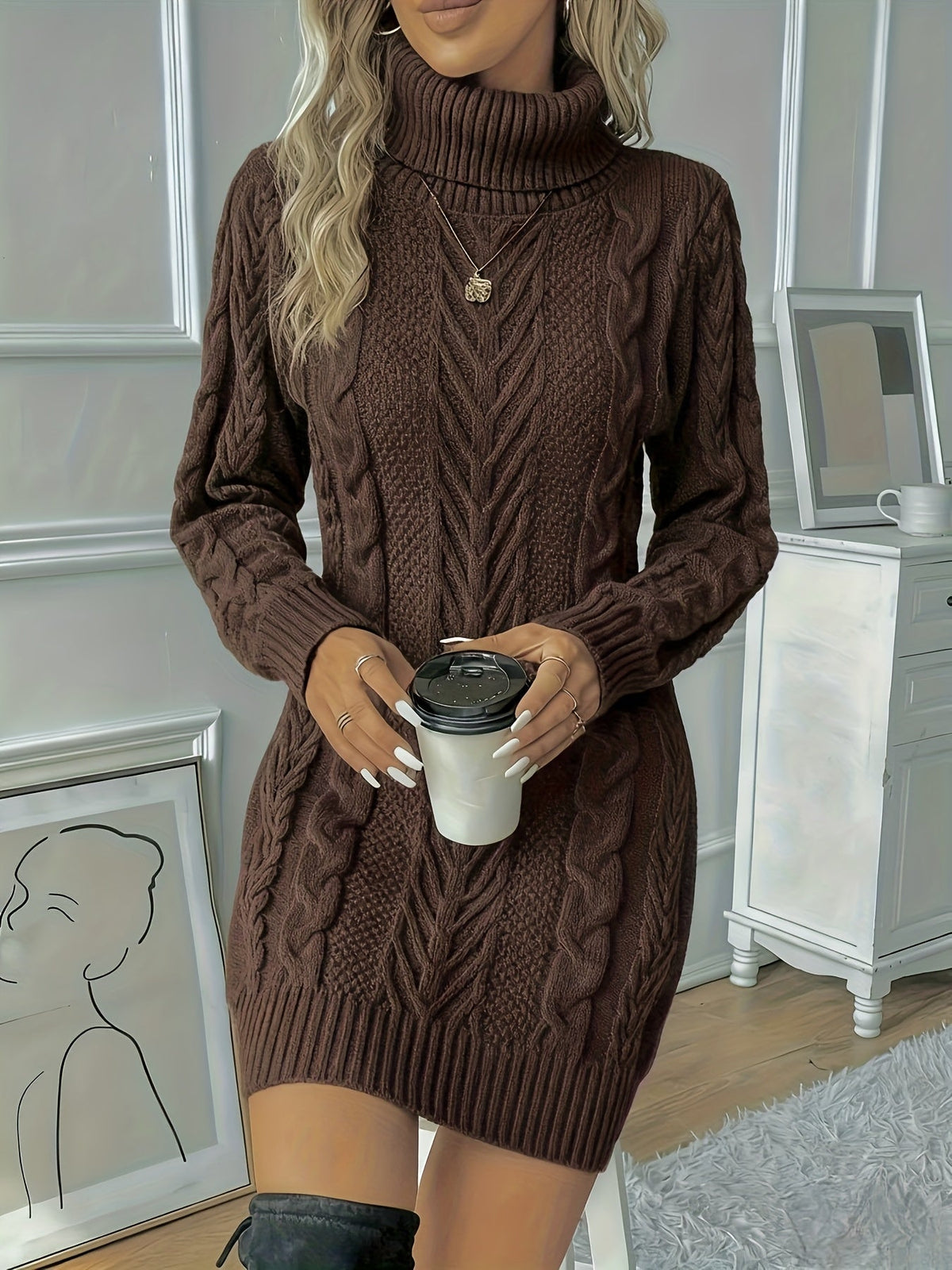 Robe pull en tricot à câble Danoir Paris, style bodycon mini, manches longues et col roulé pour femmes, look confortable et tendance.